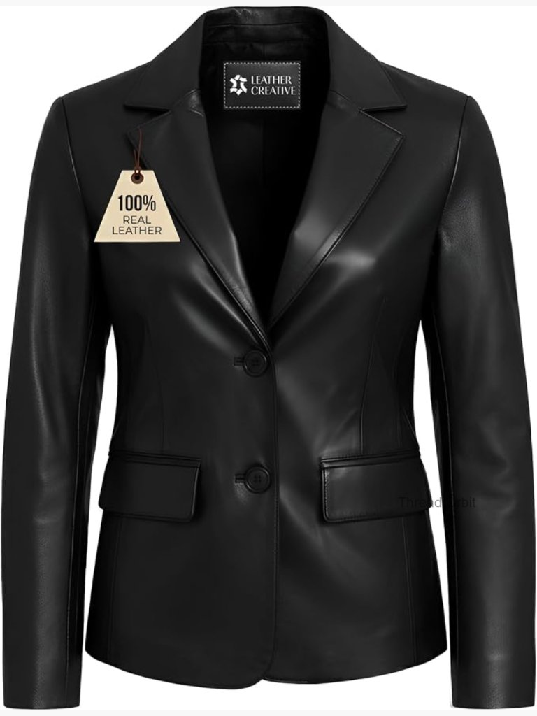 Lambskin Leather Blazer Notched Lapel Long Sleeve Flap Pockets Women Button